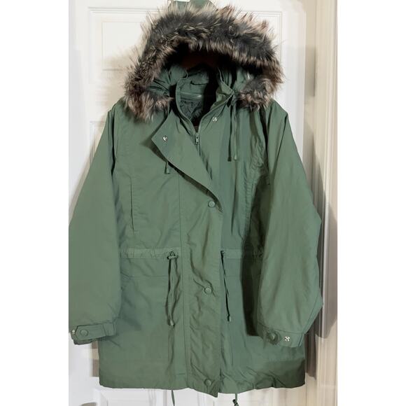 Woman Within Olive Green Faux-Fur Trim Hooded Winter Coat Plus Size 18 / 20 - Picture 1 of 2